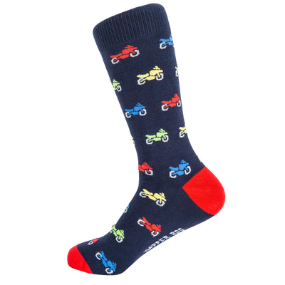 Racer Sports Motorcycle Bamboo Socks by Dapper Roo, Racer Sports Motorcycle Socks, Dapper Roo, Socks, Navy Blue, Red, Multi, Bamboo, Elastane, Nylon, Elastic, SK2028, Men's Socks, Socks for Men, Clinks.com
