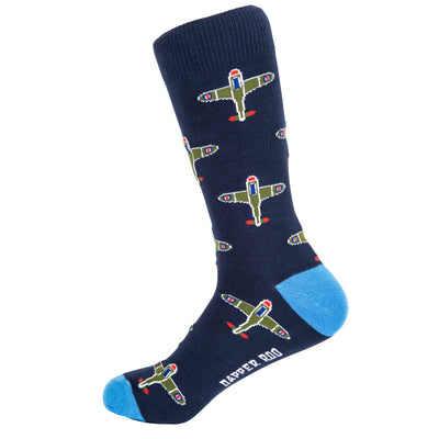 Supermarine Spitfire Plane Bamboo Socks by Dapper Roo, Supermarine Spitfire Plane Socks, Dapper Roo, Socks, Navy, Blue, Multi, Bamboo, Elastane, Nylon, Elastic, SK2023, Men's Socks, Socks for Men, Clinks.com