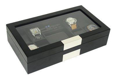 Black Wooden Watch Box, 8 Watch Box, Cuffed Watch Box, Clinks Australia Watch Box, Black Watch Boxes on Cuffed, Australia Watch Box, Watch Storage Box, Watch Display Box, 8 Slots Watch Boxes, Watch Boxes for 8, Wooden Watch Box, Black Wooden Watches + Organizer, CB5009, Clinks.com