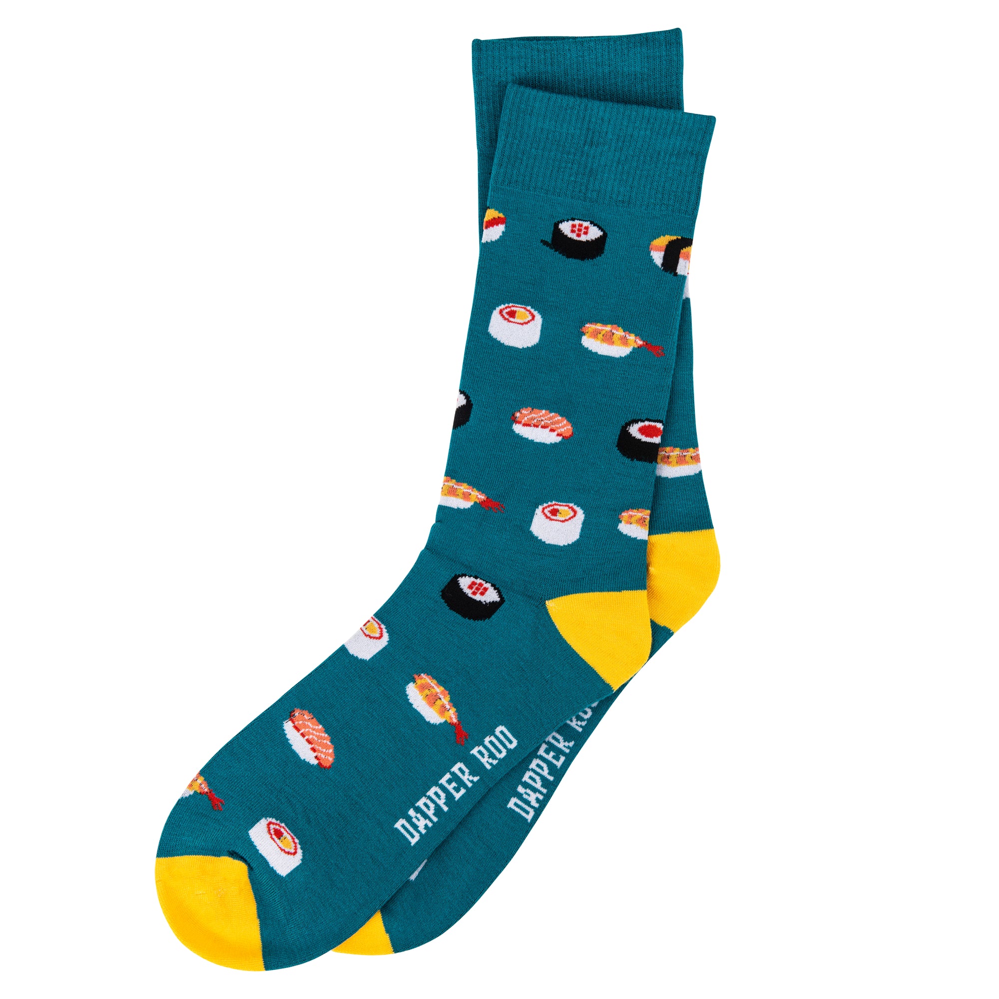 Succulent Sushi Bamboo Socks by Dapper Roo, Succulent Sushi Socks, Dapper Roo, Socks, Teal, Yellow, Orange, Red, White, Black, Bamboo, Elastane, Nylon, Elastic, SK2001, Men's Socks, Socks for Men, Clinks.com