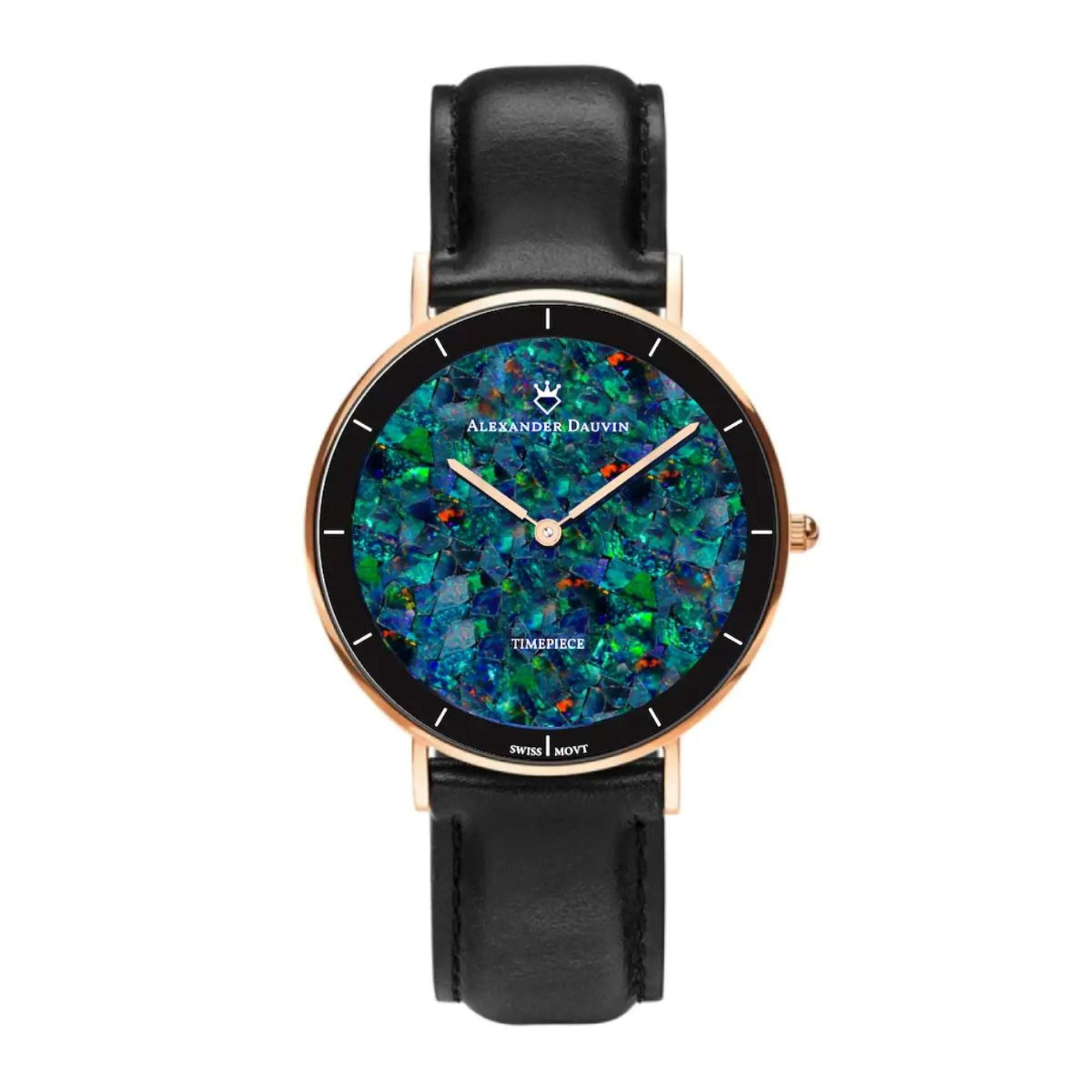 Gatsby Pedy Red Swiss Opal Watch 36MM with Rose Gold Case and Black Leather Strap