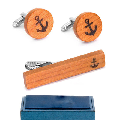 Brown Wood Anchor Cufflinks & Tie Clip Set