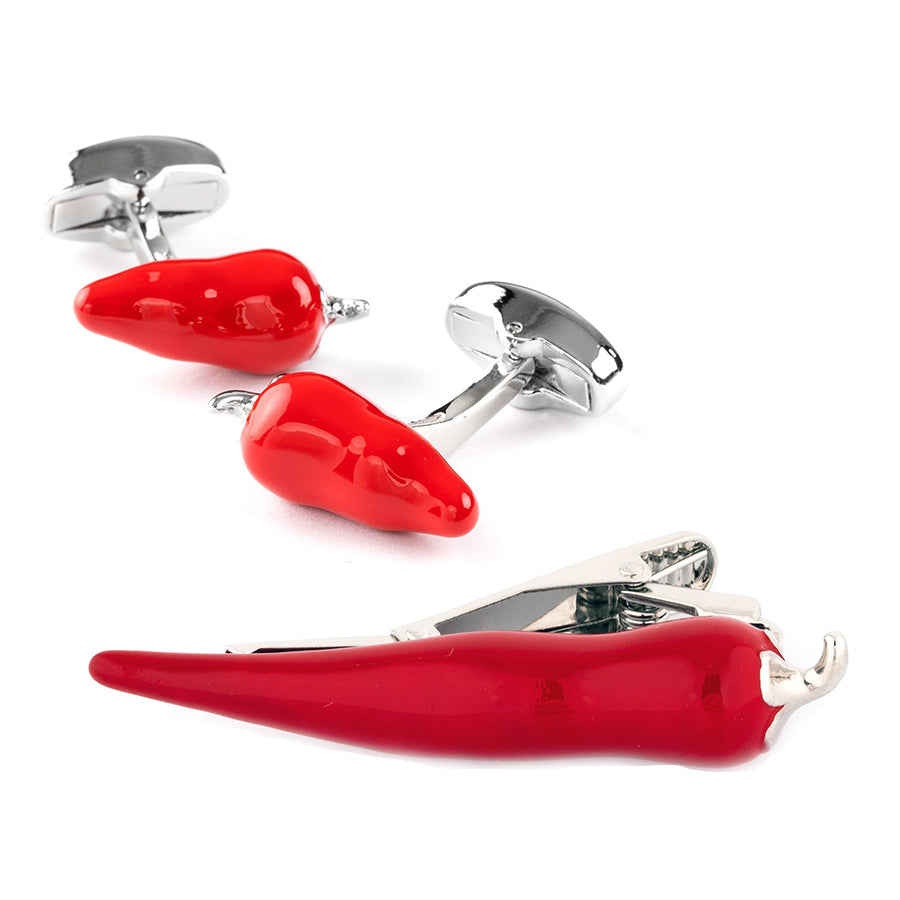 Chilli Pepper Red Cufflinks & Tie Clip Set