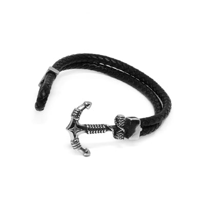 Double Black Leather Rope Anchor Bracelet